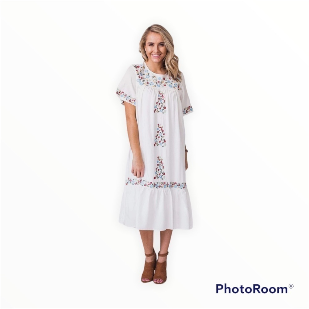 Orange Creek LA White Embroidered Floral Boho Midi Dress Large - Picture 3 of 12